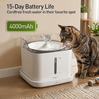 Cat Water Fountain, 2.2L Automatic Pet Water Fountain for Cats and Small Dogs, 2.4GHz WiFi App Control, Rechargeable Motion Sensor, 3 Water Modes, Detachable Tank, White