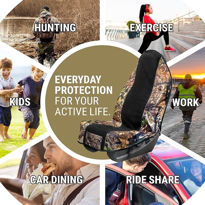 Season Guard Mossy Oak Camo Car Seat Cover Towel Protector; Great for After Gym Workouts, Dogs, Kids, and Outdoor Activities; Universal Fit for Cars SUVs MiniVans Trucks, EZ fit, Non Slip Grip, 2pc