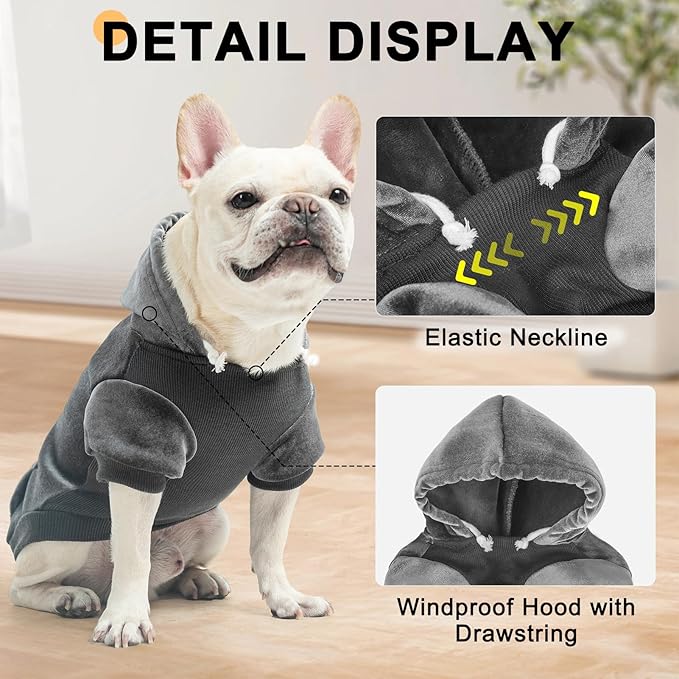 BEAUTYZOO Dog Hoodie Sweaters for Small Medium Dogs- Warm Fall Winter Fleece Jacket for Cold Weather, Soft Velour Hooded Coat with Leash Hole & Pocket, Puppy Sweatshirt Clothes Bulldog Schnauzer,Grey