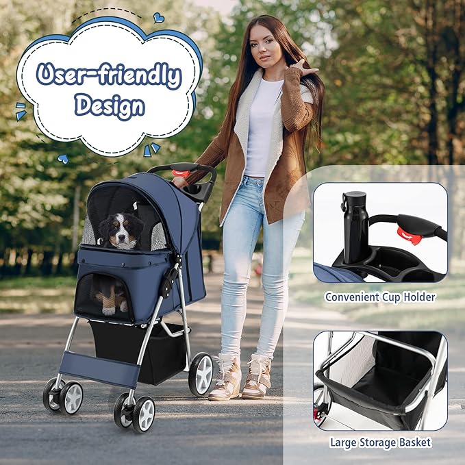4 Wheels Dog Stroller, Foldable Pet Stroller for Small/Medium Dogs Cats, Cat Carrier with Storage Basket and Cup Holder, Pet Car Seat with Soft Pad, Navy Blue