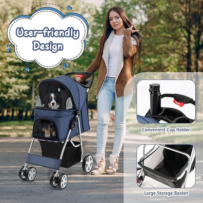 4 Wheels Dog Stroller, Foldable Pet Stroller for Small/Medium Dogs Cats, Cat Carrier with Storage Basket and Cup Holder, Pet Car Seat with Soft Pad, Navy Blue