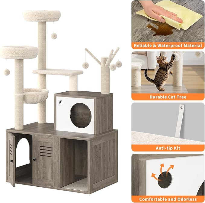 Garvee Cat Litter Box Enclosure with Tree Tower and Condo, Hidden Pet Washroom Furniture with Sisal Scratching Post,Hammocks and Soft Plush Perch, Wooden Cat Furniture with Multiple Platforms,Grey