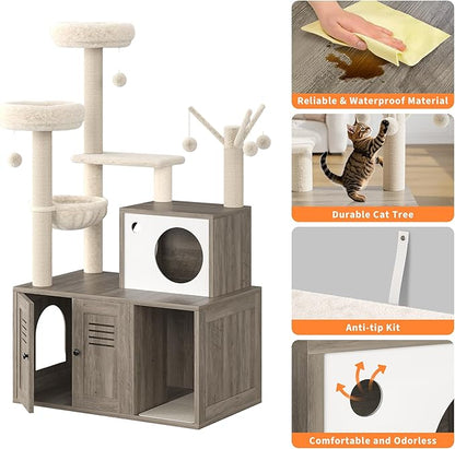 Garvee Cat Litter Box Enclosure with Tree Tower and Condo, Hidden Pet Washroom Furniture with Sisal Scratching Post,Hammocks and Soft Plush Perch, Wooden Cat Furniture with Multiple Platforms,Grey