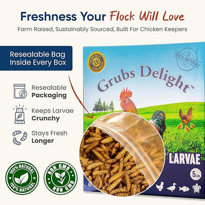 5LB Dried Black Soldier Fly Larvae for Chickens – 85x More Calcium Than Mealworms, for Chickens and Birds, 100% Natural Non-GMO Chicken Worms Treats, High Protein & Calcium Poultry Feed