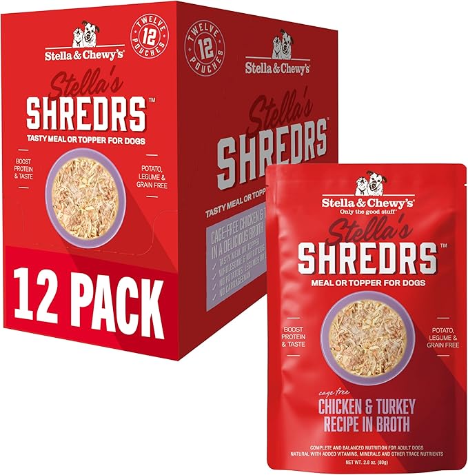 Stella & Chewy's Cage Free Chicken & Turkey Shredrs - Premium Dog Food Pouches - Perfect for Picky Eaters - 12 Pack, 2.8oz Each