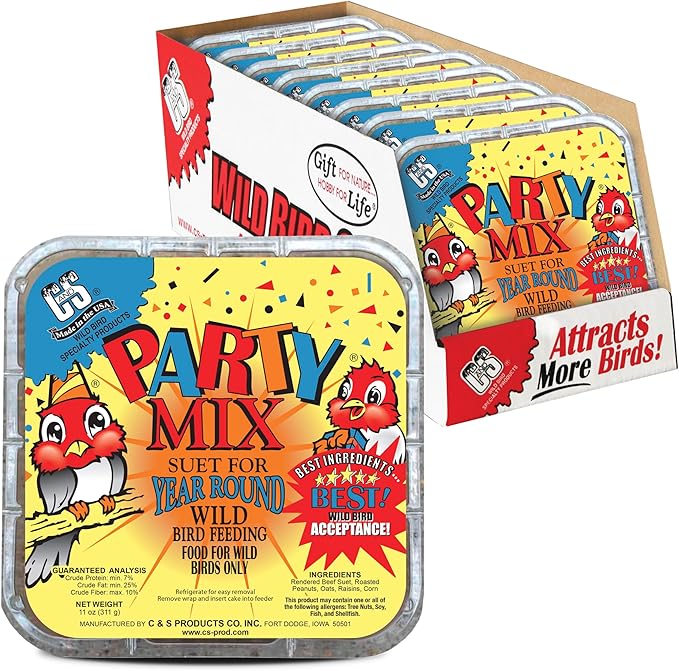 C&S Party Mix Suet Treat, Suet Cakes for Wild Birds Including Robins, Blue Jays, Woodpeckers, Wrens, Bluebirds and More, 11 Ounces, Pack of 8