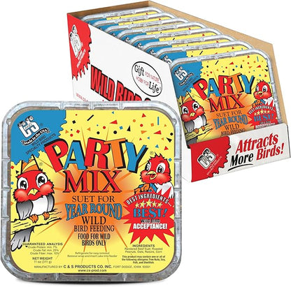 C&S Party Mix Suet Treat, Suet Cakes for Wild Birds Including Robins, Blue Jays, Woodpeckers, Wrens, Bluebirds and More, 11 Ounces, Pack of 8