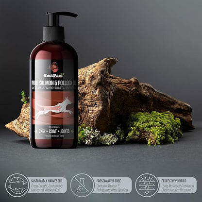 Best Paw Nutrition Wild Alaskan Salmon & Pollock Oil for Dogs & Cats – Fish Oil for Dogs Liquid Pump – Omega 3 EPA DHA – Skin & Coat, Itch & Shedding Support – Joint Supplement – 16 oz