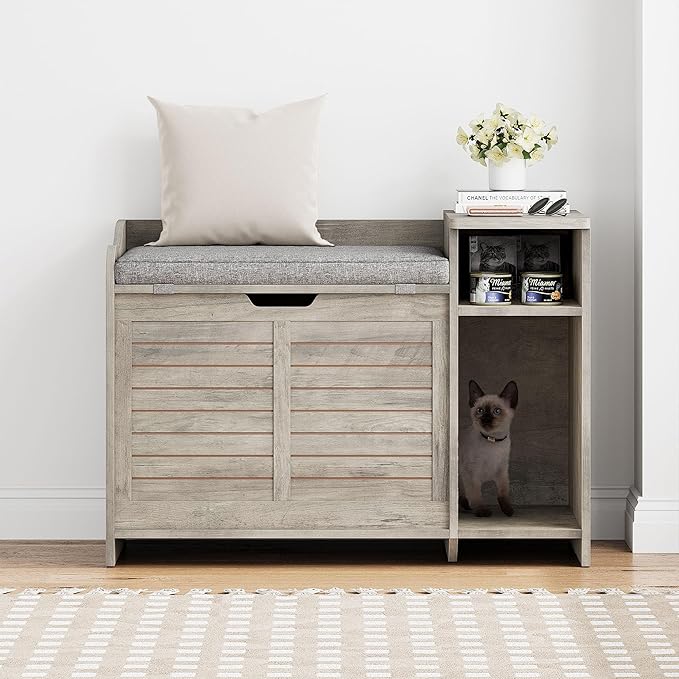 Litter Box Enclosure with Top Opening with Cushion, Cat Litter Box Furniture Hidden, Litter Box Hidden, Cat House, Privacy Cat Litter Box Cabinet Grey