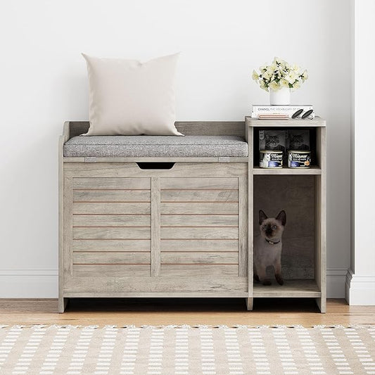 Litter Box Enclosure with Top Opening with Cushion, Cat Litter Box Furniture Hidden, Litter Box Hidden, Cat House, Privacy Cat Litter Box Cabinet Grey