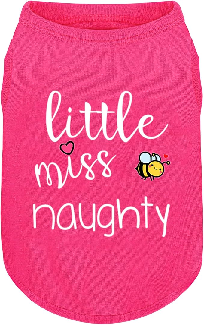 Pink Cotton Dog Shirt with 'Little Miss Naughty' Bee Print, Soft & Breathable Pet Apparel for Small to Large Dogs, All-Season Sleeveless Vest, Cute and Comfortable Dog Outfit.Pink XS