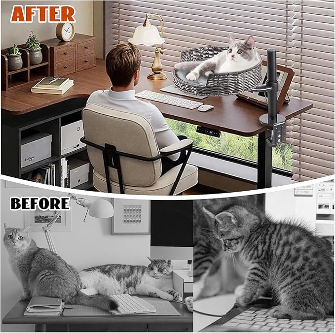 Niubya Cat Desk Bed Mount with Adjustable Height,Rattan Cat Desk Perch Supports 30 Lbs,360°Rotation Desktop Kitty Attachment for Indoor Home Office,4 Bed