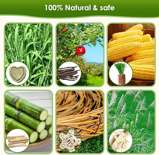 26Pcs Bunny Toys Basket for Small Pets, with 14Pcs Replacement Rabbit Toys for Bunnies Boredom Set Hanging Rodent Dental Toy with Papaya Stems Sweet Bamboo Hamsters, Chinchillas, Guinea Pigs