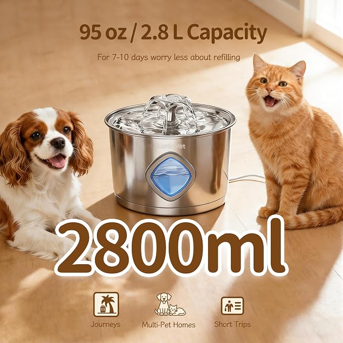 Cat Water Fountain Stainless Steel, 2.8L Quiet Dog Water Fountain | Automatic Quiet Pet Drinking Fountain, Water Level Window, 8 Filters & 8 Sponges - Gift for Small Animals like Dog & Kitty