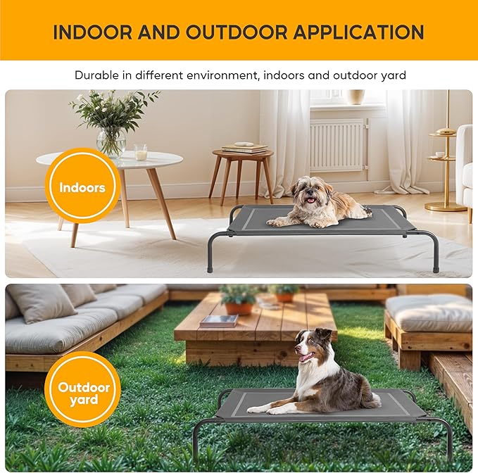 HealSmart Cooling Elevated Dog Bed Outdoor Raised Portable Dog Cot Beds No-Slip Feet Durable Portable Pet Hammock Bed, 42x25.2x8 Inch, Grey