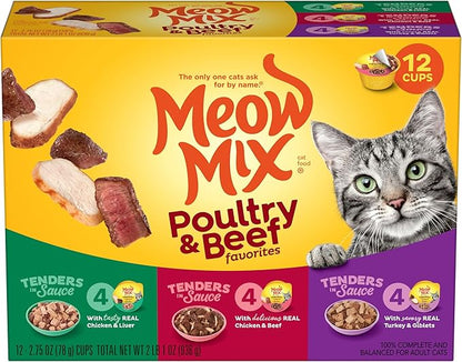 Meow Mix Tenders in Sauce Wet Cat Food,Poultry & Beef Variety Pack,2.75 Ounce Cup,(Pack of 96)