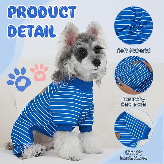 XPUDAC 4 Pack Dog Pajamas Striped Dog Clothes for Small Medium Dogs Girl Boy Comfy Puppy Outfit Doggy Jammies Onesie Pet Costume, Blue, Grey, Green, XXS