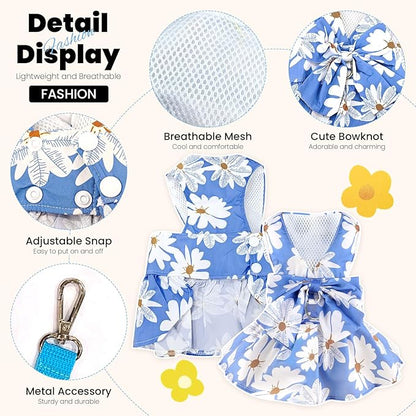 ABRRLO Cute Dog Dress Small Dog Clothes for Girls Female Puppy Outfits Blue Daisy Pet Summer Clothes Bowknot Doggy Cat Princess Dress Harness Set for Holiday Birthday Party Costume Clothing (Blue,XL)