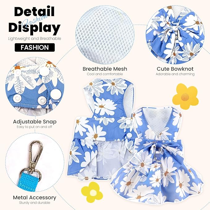 ABRRLO Cute Dog Dress Small Dog Clothes for Girls Female Puppy Outfits Floral Pet Summer Clothes Bowknot Doggy Harness Dress Cat Princess Dresses for Holiday Birthday Party (Blue Daisy, Small)