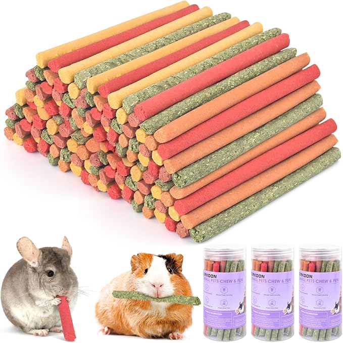 ERKOON 120Pcs Rabbit Timothy Hay Sticks, Five Flavors：PurplePotato/TimothyHay/Pumpkin/Strawberry/Carrot，Suitable Guinea Pig, Hamste, Gerbil, Chinchilla Treats, Chew Toys for Teeth for Bunnies