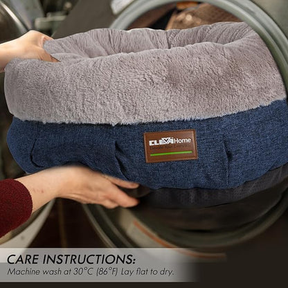 ClevaHome Calming Soft Plush Donut Cat Bed, Fluffy Round Cat Bed for Indoor Cats, Washable Kitten Bed with Plush Faux Fur, Anti-Slip Bottom, Denim Grey