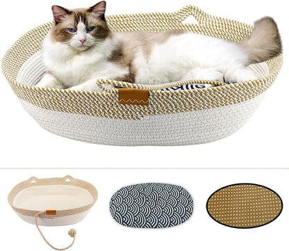 Pet Beds for Cats, Cat Beds for Indoor Cats 19.69"×13.78"×6.30",Cotton Rope Oval Cat Bed for All Seasons (with Cooler Straw Mat and Cotton Mat Both), Suitable for cats＆dogs (Yellow-white, Medium)