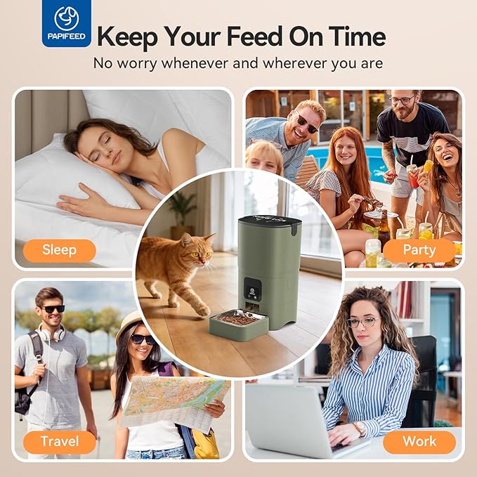 PAPIFEED Automatic Cat Feeder, 2.4G WiFi Cat Food Dispenser with App Control, 6L Timed Cat Feeders for Dry Food, Detachable for Easy Clean, Dual Power Supply, up to 10 Meals per Day, Army Green