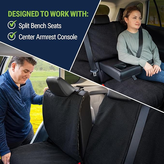 Season Guard Back Seat Towel Seat Cover for Cars; Great for After Gym Workouts, Dogs, and Outdoor Activities; Universal Fit for Cars SUVs Vans Trucks Rear Seats, EZ fit, Non Slip Grip, Black