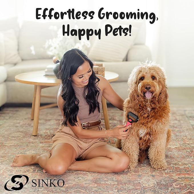 Sinko Deshedding Dog and Cat Brush, Dematting Comb with Extra Wide Double-Sided Stainless Teeth for Detangling, Deshedding, Brushing & Removing Shed Fur, Knots, Mats, and Tangles in Pets (Pink)