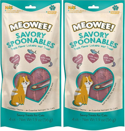 MEOWEE! Savory Spoonables with Real Salmon, Tuna and Krill for Cats, 4 Count, Treat Your Cat to Triple Flavor Squeezable Lickable Wet Treats with Built-in Spoon for Less Mess (Pack of 2)