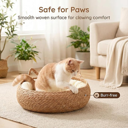 17" Woven Cat Basket Bed for Cats, Pet House with Cooling Mat & Soft Cushion for All Seasons - Washable, Handmade Braided Cattail Leaf, Boho Style, Cream White