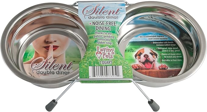 Loving Pets Silent Double Diner Pet Bowl, 2-Quart, Grey
