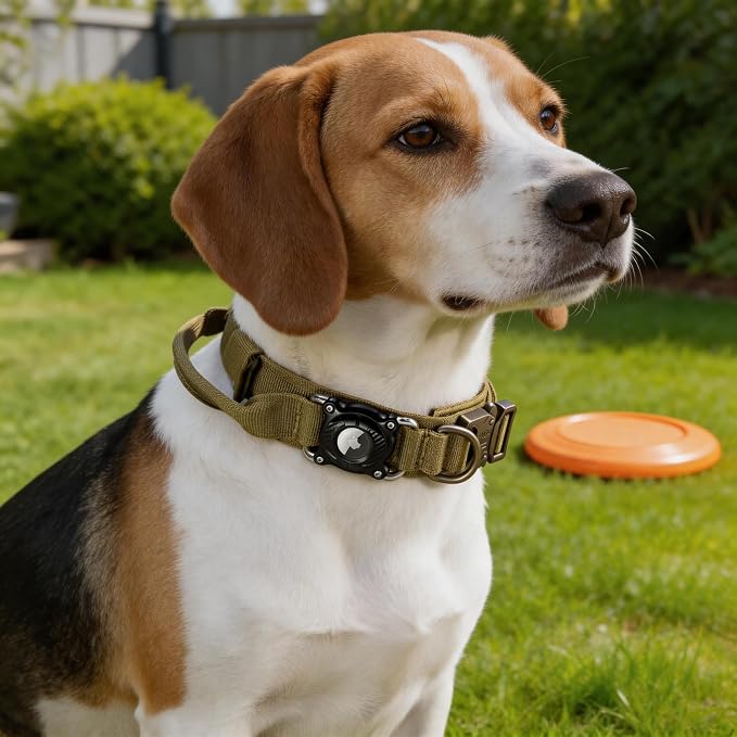 Personalized Tactical Dog Collar with Waterproof airtag Holder & Name Phone Number, Heavy Duty Nylon Military Dog Collar with Strong Metal Buckle for Medium and Large Dogs(Khaki,M)