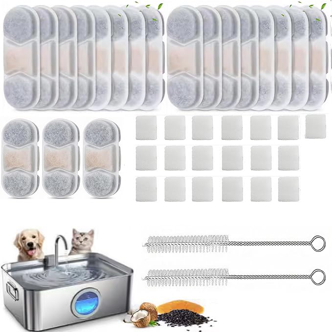 40 PCS/Set Dog Fountain Filter Replacement for Zuqqony DYSJ0112L/3.2Gal Water Fountain, Dog Water Bowl Dispenser for Large Dogs or Multi-Pet Home(19 Water Filters+19Pre-filter Sponge+2 Brush)