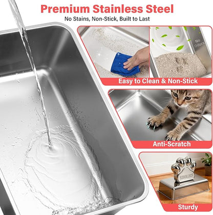 Stainless Steel Cat Litter Box with Lid, XL Metal Litter Box High Sided, Odor-Free/Anti-Urine Leakage & Non-Stick, Extra Large Litter Box with Mat & Scoop for Multiple/Big Cats, Easy Cleaning (Grey)