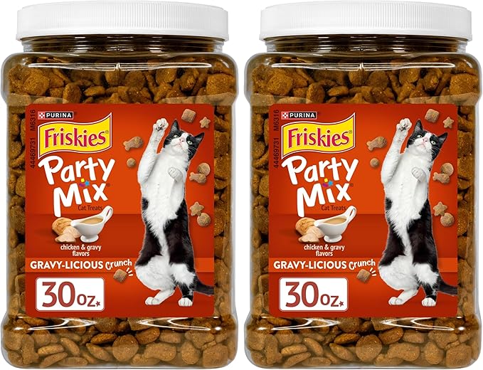 Friskies Purina Party Mix Gravy-Licious Crunch Chicken and Gravy Flavors Cat Treats - 30 oz Canister (Pack of 2)