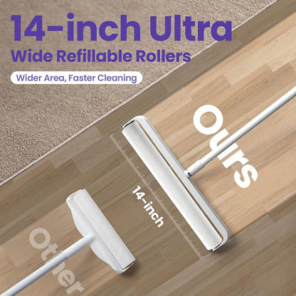 DELOMO 14.17” Large Lint Roller for Pet Hair, Long Handle for Floor, Carpet | 45” Long Lint Roller, 360 Extra Sticky Sheets, No-Bend Cleaning for Couches, Bedding, Car Seats, Rugs and Furniture