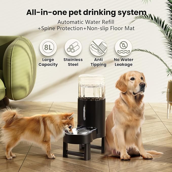 CZPET Elevated Dog Water Bowl Dispenser for Large Dogs (8L+Stand, Black) | With Stainless Steel Bowl Gravity Waterer, Large Capacity and Drinking Area Noise-Free for Pets