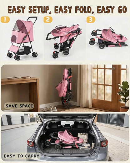 Pet Stroller for Small Medium Dogs Cats - Lightweight 10lbs Foldable Dog Stroller, Breathable Mesh & Safety Tether, 33lbs Capacity with Locking Wheels, Storage Basket for Outdoor Walks-Pink