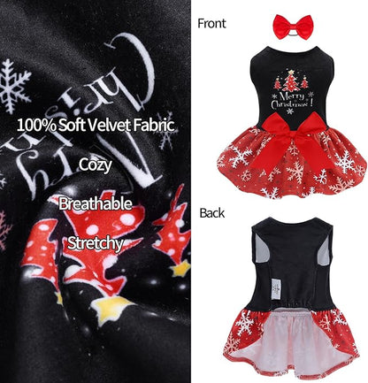 CuteBone Christmas Dog Dresses Velvet Holiday Small Dogs Clothes Onesie Pet Apparel Girl Puppy Skirt with Bow Hair Rope CVA54XS-D