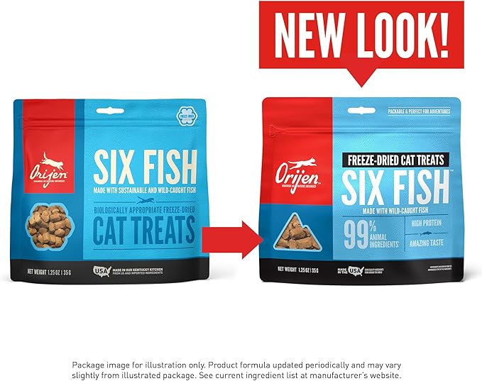ORIJEN Freeze Dried Cat Treats Grain Free High Protein Raw Animal Ingredients Six Fish 1.25oz Bag,(Pack of 2)