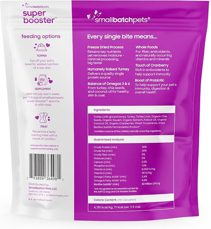 smallbatch Freeze Dried Dog Treats, Superfood Food Topper Turkey Bites for Dogs & Cats, Probiotics, Organic Ingredients, High Protein, Grain Free Healthy Food Topper, Made in the USA, 18 oz Bag