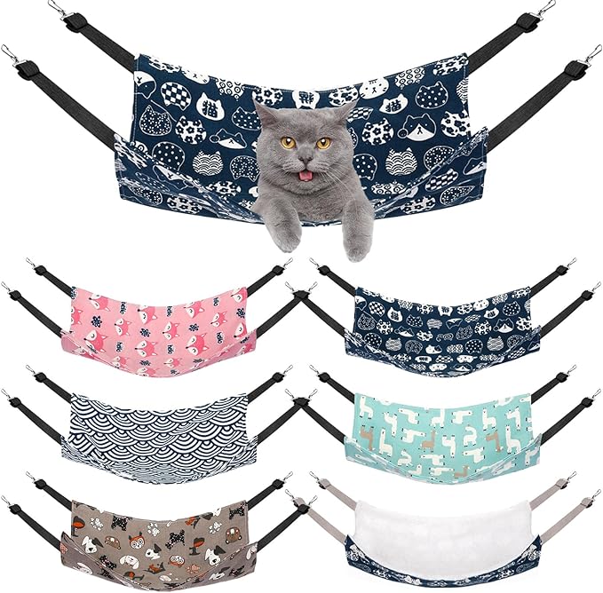 Barydat 6 Pcs Reversible Cat Hammock Bed 18.9 x 15 Inch Soft Breathable Double Sided Pet Ferret Cage Hammock with Adjustable Straps Hanging for Kitten Puppy or Small Pet (Fabric)