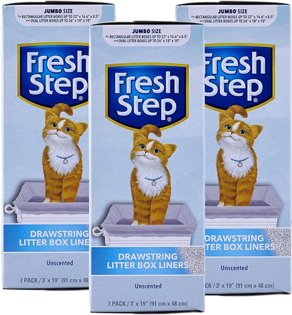 Fresh Step Jumbo Drawstring Cat Litter Box Liners, Unscented Heavy Duty Kitty Litter Bags for X-Large Oval or Rectangle Pans, Helps Contain Mess, Easy Lift Out Cleanup, 36 x 19 in, 7 Count - 3 Pack
