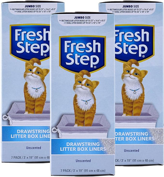 Fresh Step Jumbo Drawstring Cat Litter Box Liners, Unscented Heavy Duty Kitty Litter Bags for X-Large Oval or Rectangle Pans, Helps Contain Mess, Easy Lift Out Cleanup, 36 x 19 in, 7 Count - 3 Pack