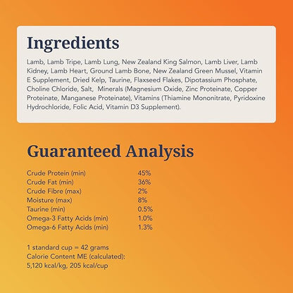 Feline Natural High Protein Dry Cat Food, Freeze-Dried Diet with 98% Meat, Organs & Seafood, No Peas, Grains, or Artificial Additives, Made in New Zealand, Lamb & King Salmon, 11oz