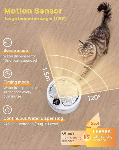 Wireless Cat Water Fountain with Stainless Steel Tray, 84oz/2.5L Pet Fountain for Cats Inside, Cat Fountain for Drinking with Motion Sensor, Ultra Quiet Pump for Pets&Small Animals (84oz+8Filters)