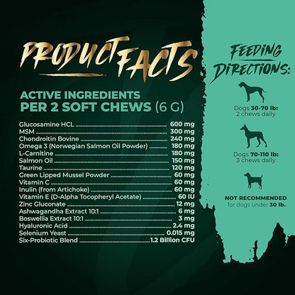 High-Performance & Longevity Soft Chews for Hunting, Sport and Working Dogs with Glucosamine, Chondroitin, Omega-3, Antioxidants, Ashwagandha, Probiotics, Beef Flavor, 90 Count