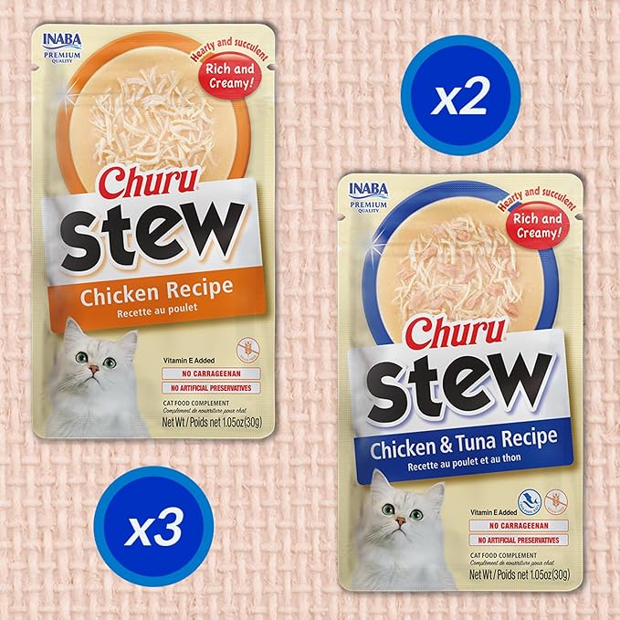 INABA Churu Stew for Cats, Broth Gelée with Shredded Chicken Side Dish with Vitamin E, 1 Ounce per Pouch, 15 Pouches Total, Chicken & Tuna Variety Pack