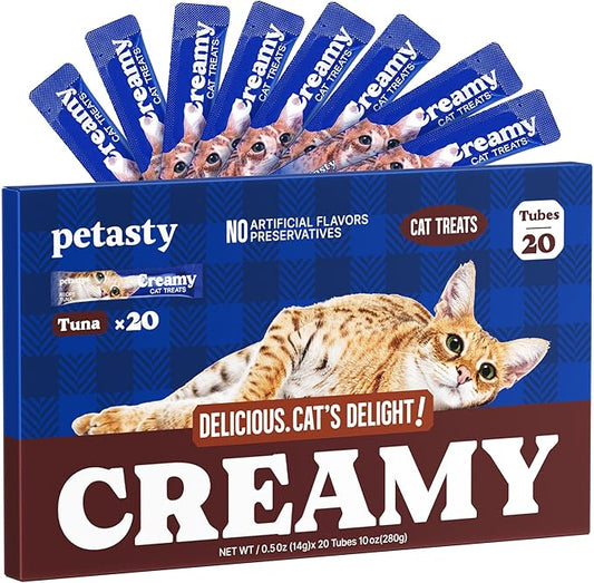 Lickable Cat Treats, High Moisture Hydrating Creamy Puree Squeeze Tubes, Tuna Flavor, 20 Tubes 0.5oz, Grain-Free, Omega Oils & Vitamin E, Skin & Coat Health, Digestive and Immune Support